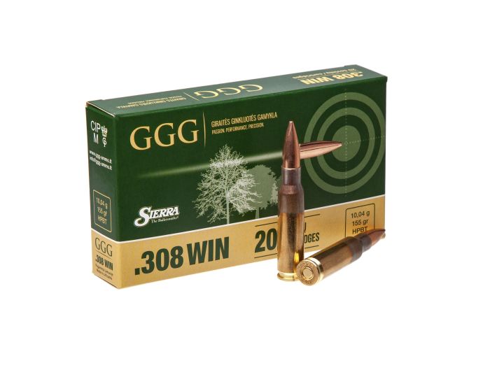 Патрон нарізний GGG кал. 308 Win куля HPBT маса 10.04 грам / 155 гран. поч. швидкість 860 м/с