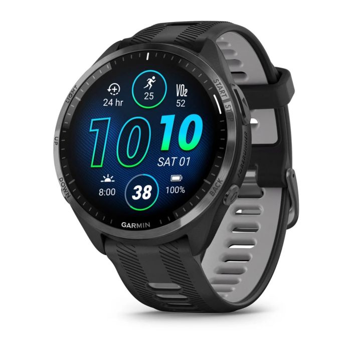 Годинник Garmin Forerunner 965 з сірим титановим безелем, чорним корпусом та чорним/сірим силіконовим ремінцем