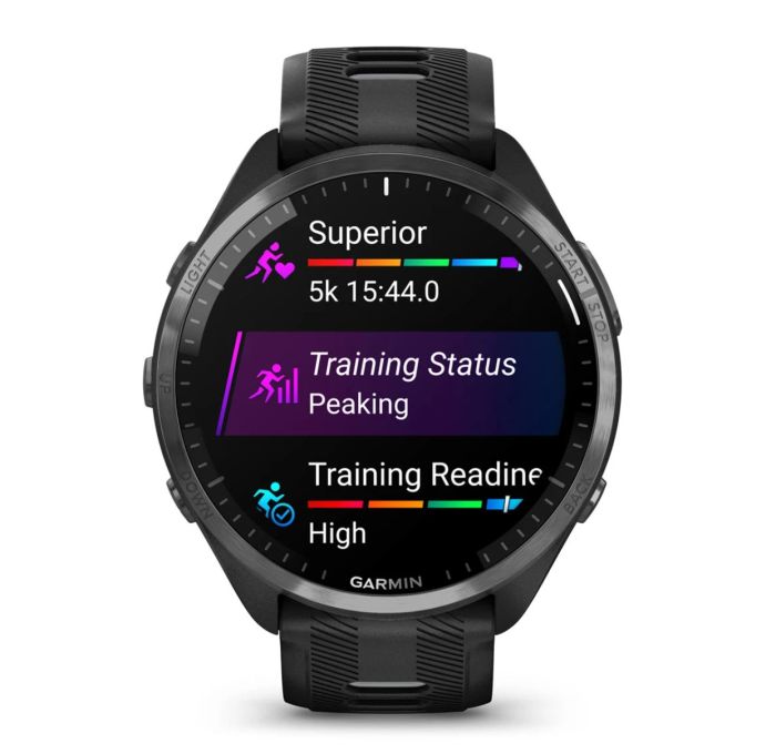 Годинник Garmin Forerunner 965 з сірим титановим безелем, чорним корпусом та чорним/сірим силіконовим ремінцем