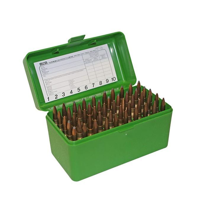 Коробка MTM RL-50 на 50 патронів кал. 22-250 Rem; 243 Win; 6 mm BR Norma; 6,5x55; 30-30 Win; 7,62x39 і 308 Win (колір - зелений)