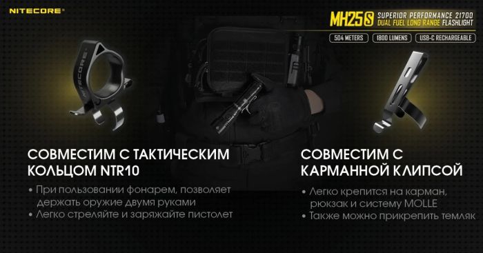 Ліхтар Nitecore MH25S (1800 люмен, 1x21700, 1x18650, USB Type-C)