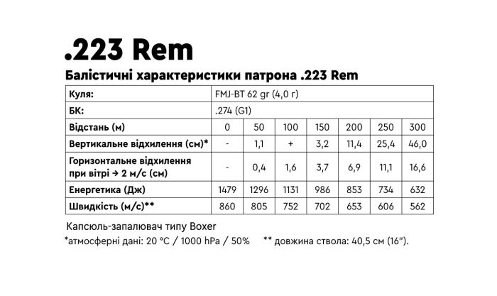Набій STS кал .223 Rem. Куля FMJ BT 62 гр (4 г)