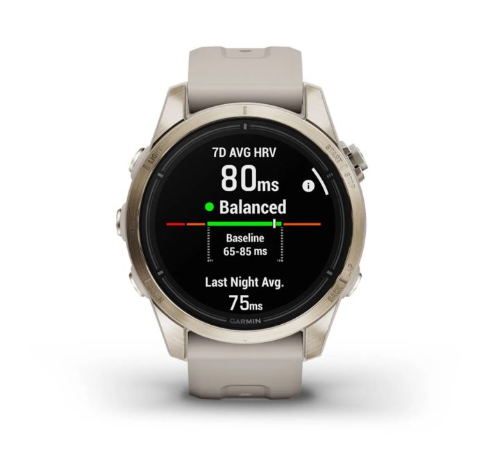 Смарт-годинник Garmin epix Pro Gen 2 Sapphire Edition 42 mm золотавий зі світло-бежевим ремінцем